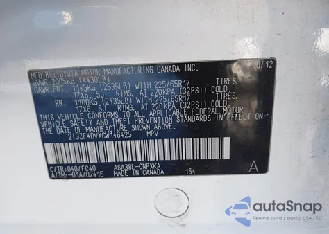 2012 Toyota Rav4 z USA, uszkodzony, nr VIN 2T3ZF4DVXCW146425